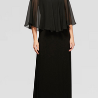 Cold Shoulder Popover Jersey & Chiffon Gown with Beaded Neckline