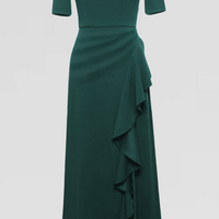 Long Embellished Neck Dress with Elbow Sleeves and Cascade Detail Skirt