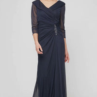 Long Portrait Collar Dress With Embellished Detail at Hip and Ruched Skirt Detail