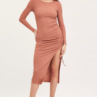 Brown Midi Dress Long Sleeve Bodycon
