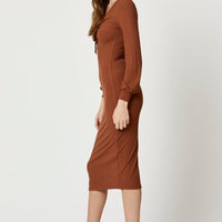 Brown Ribbed Drawstring Midi Dress