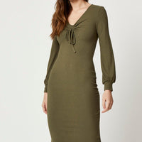 Green Ribbed Drawstring Midi Dress
