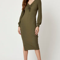 Green Ribbed Drawstring Midi Dress