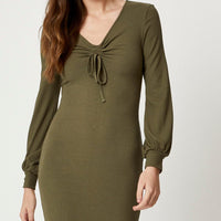 Green Ribbed Drawstring Midi Dress
