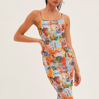 Orange Abstract Midi Dress Straps Bodycon Postcard Holiday Print