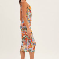 Orange Abstract Midi Dress Straps Bodycon Postcard Holiday Print