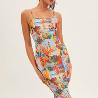 Orange Abstract Midi Dress Straps Bodycon Postcard Holiday Print