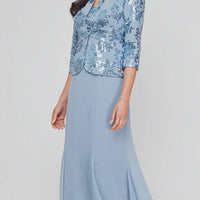 Tea Length Stretch Crepe Sequin Mock Jacket Dress with Square Neckline, Chiffon Skirt and Center Front Button Closure