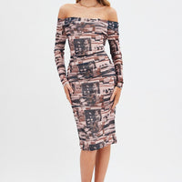 Brown Print Midi Dress Bardot Off Shoulder Bodycon Ruched