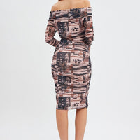 Brown Print Midi Dress Bardot Off Shoulder Bodycon Ruched