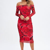 Red Floral Midi Dress Bardot Off Shoulder Bodycon Ruched