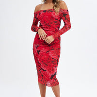 Red Floral Midi Dress Bardot Off Shoulder Bodycon Ruched