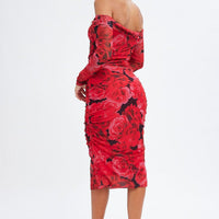 Red Floral Midi Dress Bardot Off Shoulder Bodycon Ruched