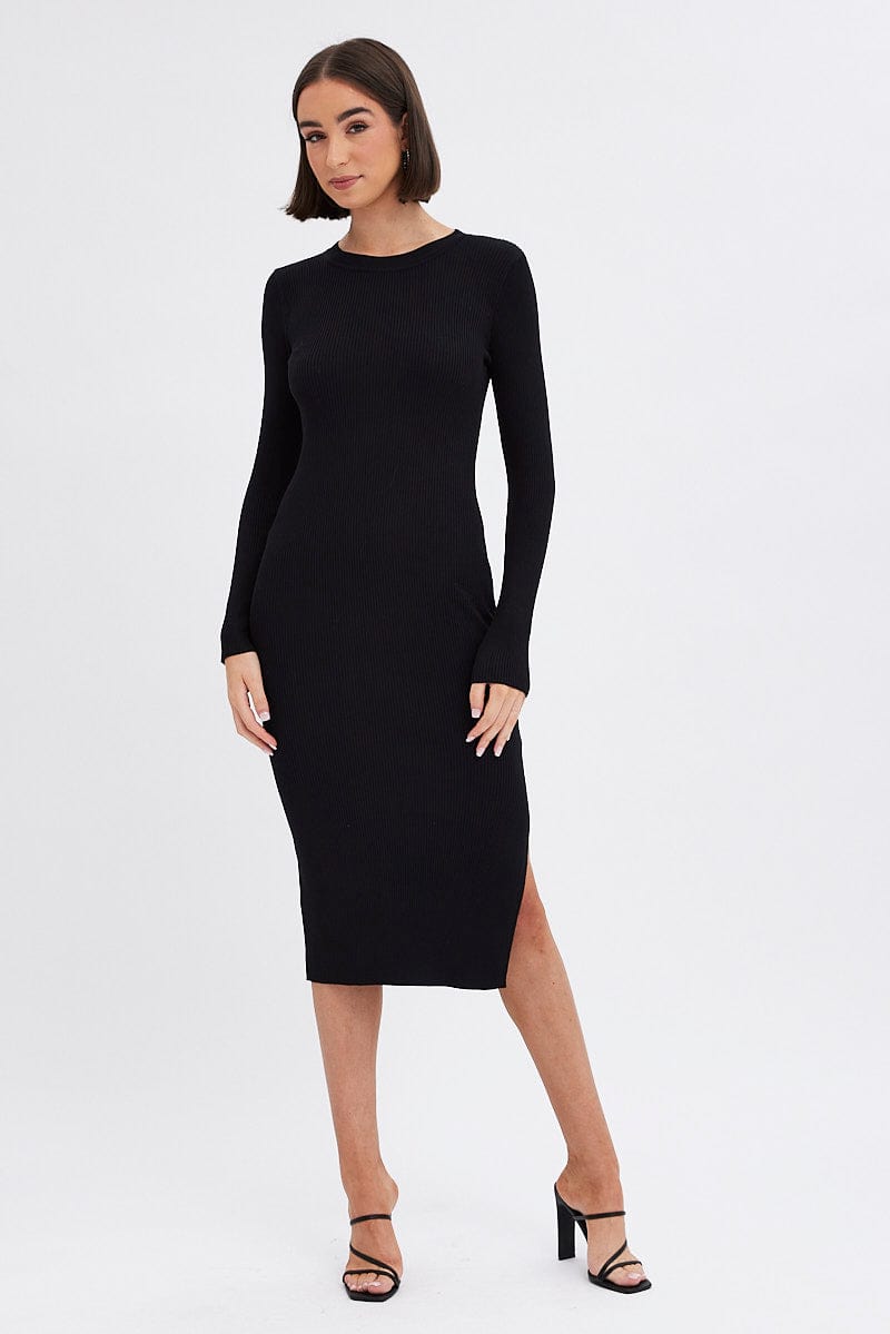 Black Midi Dress Long Sleeve Round Neck Rib Knitted