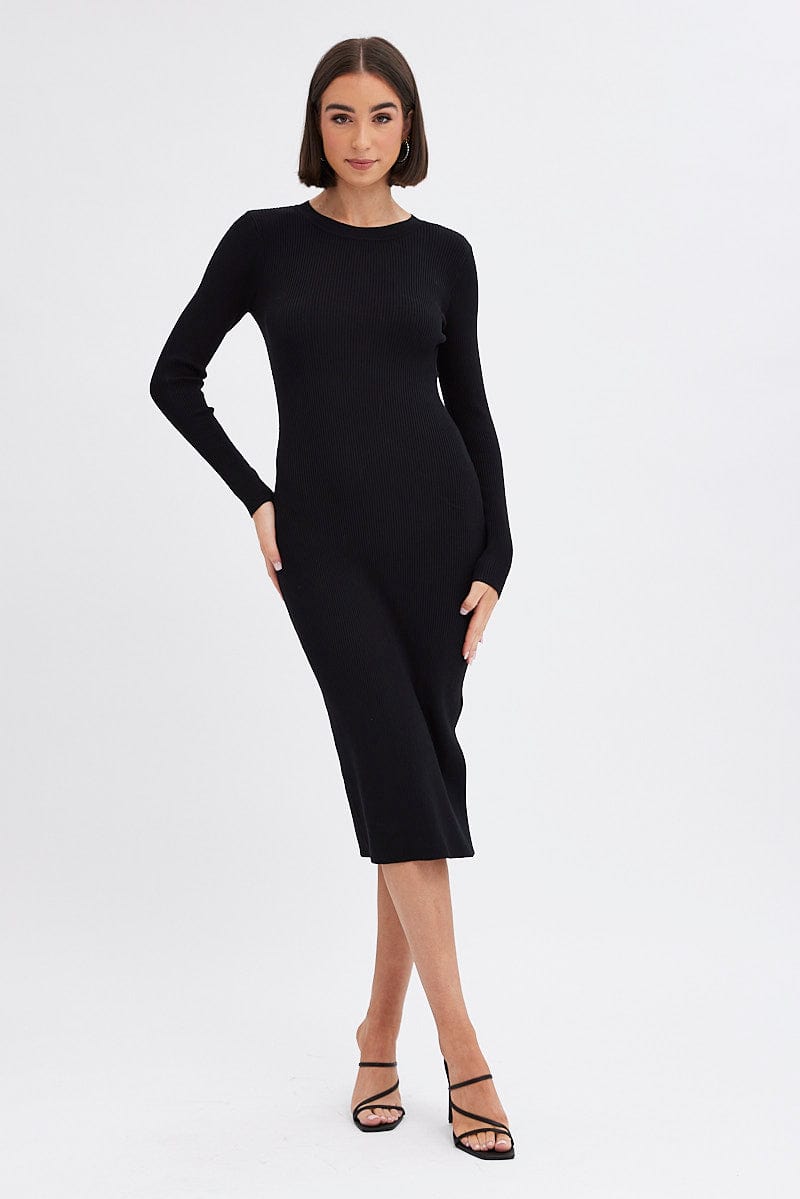 Black Midi Dress Long Sleeve Round Neck Rib Knitted