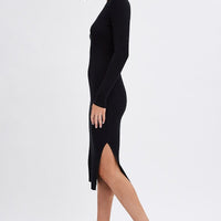 Black Midi Dress Long Sleeve Round Neck Rib Knitted