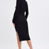 Black Midi Dress Long Sleeve Round Neck Rib Knitted