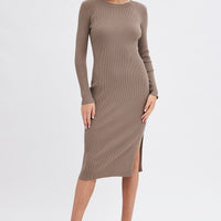 Brown Midi Dress Long Sleeve Round Neck Rib Knitted