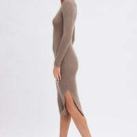 Brown Midi Dress Long Sleeve Round Neck Rib Knitted