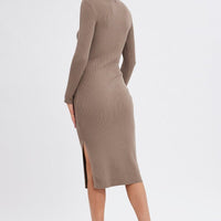 Brown Midi Dress Long Sleeve Round Neck Rib Knitted