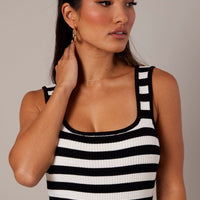 Beige Stripe Knit Midi Dress Sleeveless Scoop Neck Bodycon Rib