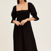 Black Puff Sleeve Shirred Tiered Midi Dress