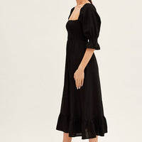 Black Puff Sleeve Shirred Tiered Midi Dress