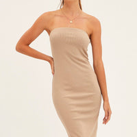 Beige Ribbed Evening Dress Strapless