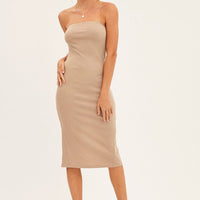 Beige Ribbed Evening Dress Strapless