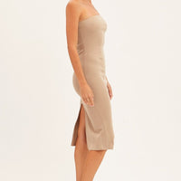 Beige Ribbed Evening Dress Strapless