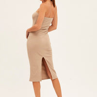 Beige Ribbed Evening Dress Strapless