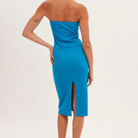 Blue Ribbed Evening Dress Strapless