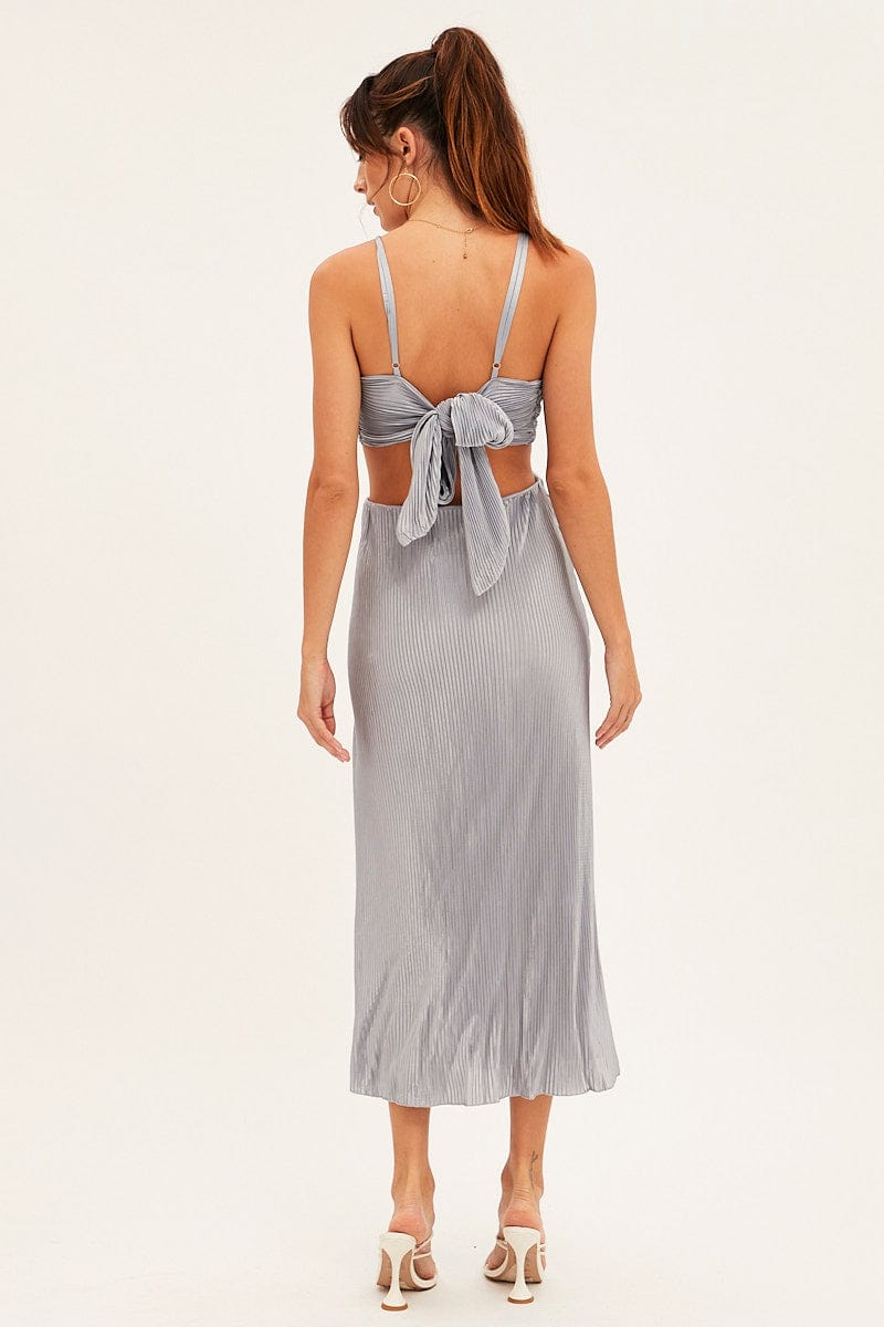Blue Plisse Midi Dress Tie Back