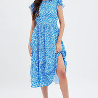 Blue Floral Tie Back Midi Dress