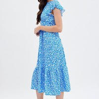 Blue Floral Tie Back Midi Dress
