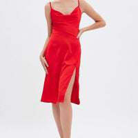 Red Cowl Neck Slip Midi Dress