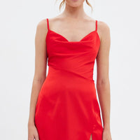 Red Cowl Neck Slip Midi Dress