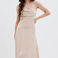 Beige Midi Dress Evening Cowl Neck