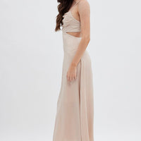 Beige Midi Dress Evening Cowl Neck