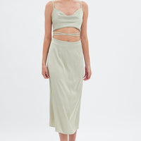 Green Midi Dress Cowl Neck Satin