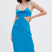 Blue Cowl Neck Cutout Midi Dress