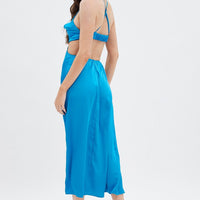 Blue Cowl Neck Cutout Midi Dress