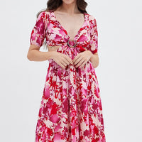 Red Floral Cutout Midi Dress