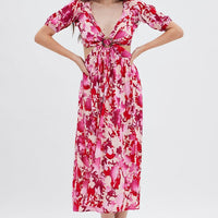 Red Floral Cutout Midi Dress