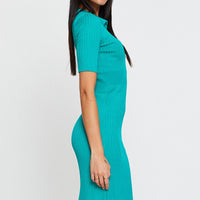 Green Dress Short Sleeve Midi Collared Knit