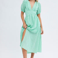 Green Check Check Puff Sleeve Midi Dress