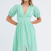 Green Check Check Puff Sleeve Midi Dress