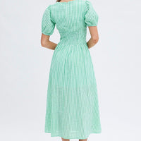 Green Check Check Puff Sleeve Midi Dress