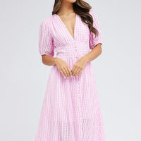 Purple Check Midi Dress Puff Sleeve