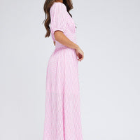 Purple Check Midi Dress Puff Sleeve